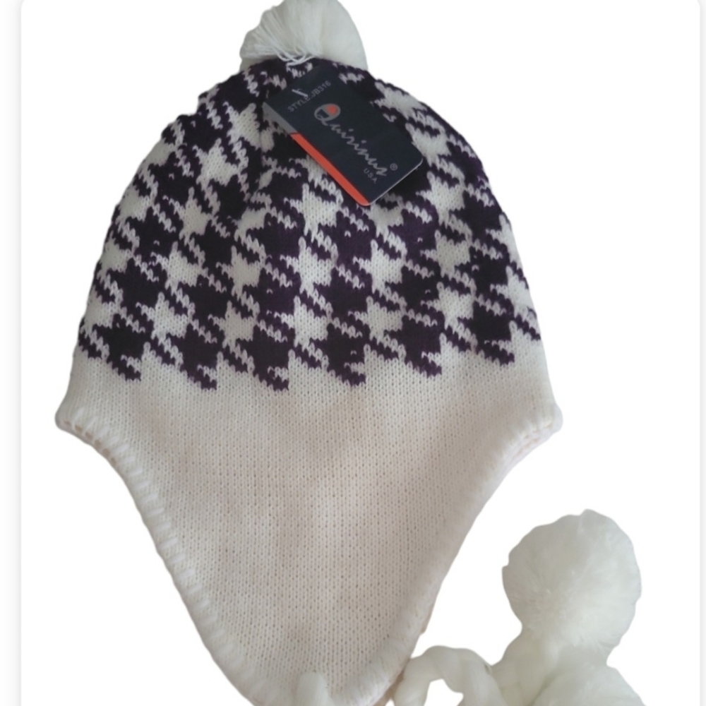 Quirinus Acrylic Laplander Purple White Pom Pom Hat Beanie